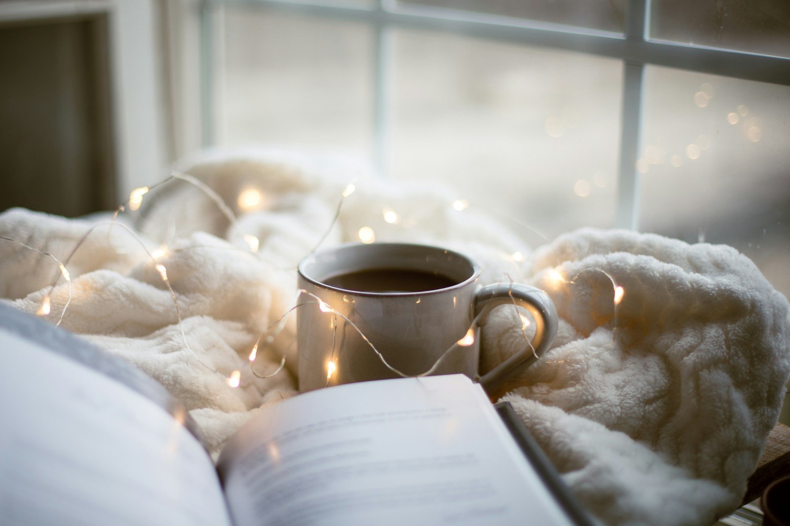 Manta, libro y taza como imagen ilustrativa del cuidado del hogar en invierno. Sixteen Miles Out / Unsplash.